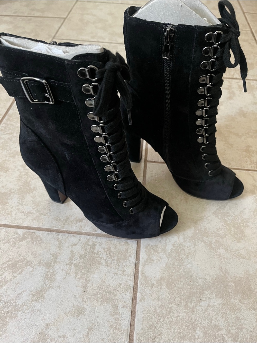 Sam Edelman Black Suede Lace-Up Peep Toe Ankle Boots - Women's